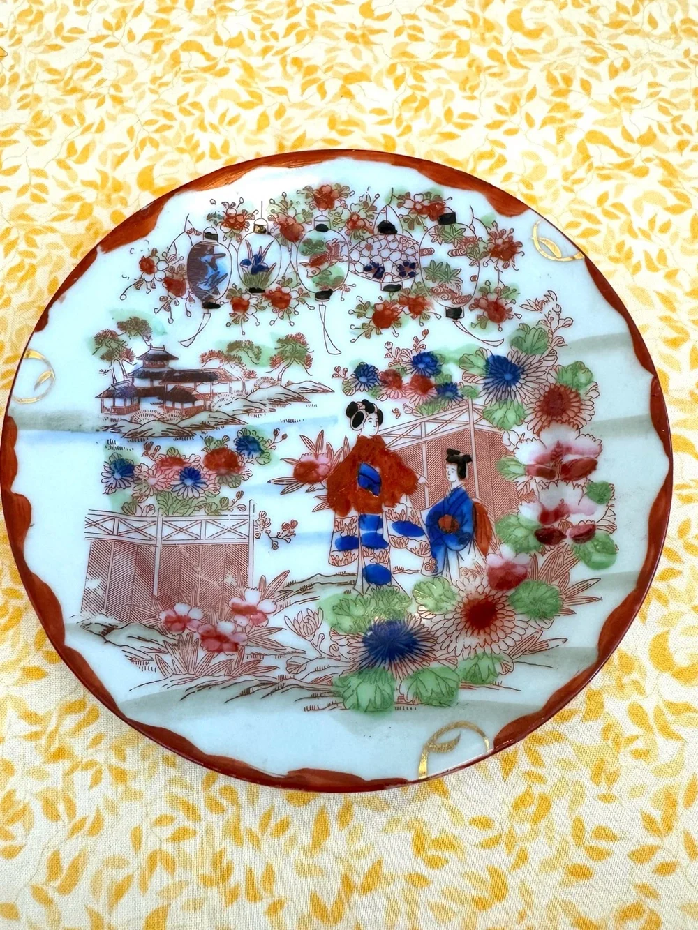 Vintage Japanese Hand Painted Teacup and Saucer Set. Geisha and Floral Landscape
